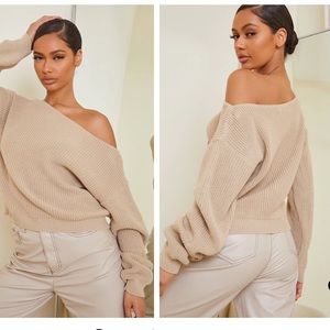 Christiana Stone Knit Slash Neck Crop Sweater
